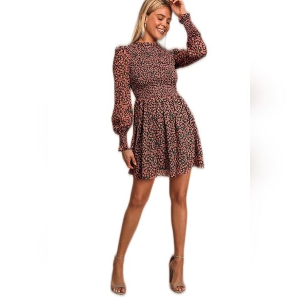 Lulu's NWT Floral Forever Green & Pink Smocked Skater Mini Dress, M - Picture 1 of 16